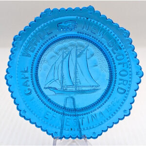Schooner Ernestina Cape Verde New Bedford Glass Pairpoint Cup Plate Blue Ship